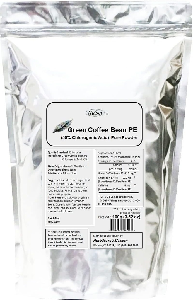 Green Coffee Bean Extract Powder, Standardized 50% Klorogenic Acid (100 Grams (3.52 oz))