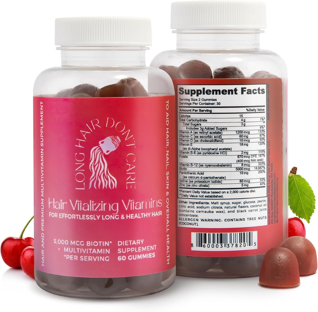 Long Hair Jangan pedulikan rambut Vitamin, Rambut Skin dan Nails Vitamin, Vitamin untuk Perempuan dan Pria, Acid Pantothenic, Acid Folic & Biotin Gummies, Non- GMO Rambut Vitamin, 60 Gummy Vitamin