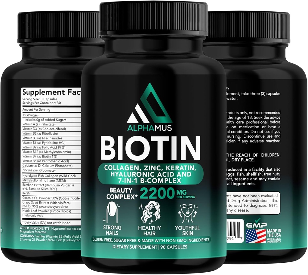 Biotin dan Collagen Suplemen dengan Keratin - Biotin 5000mcg Capsules untuk Pembangunan Rambut, Skin & Nails Sehat - Optimined Blend dari Acid Hyalanic & Vitamin- B Kompleks untuk Perempuan & Pria, 90 Capsules
