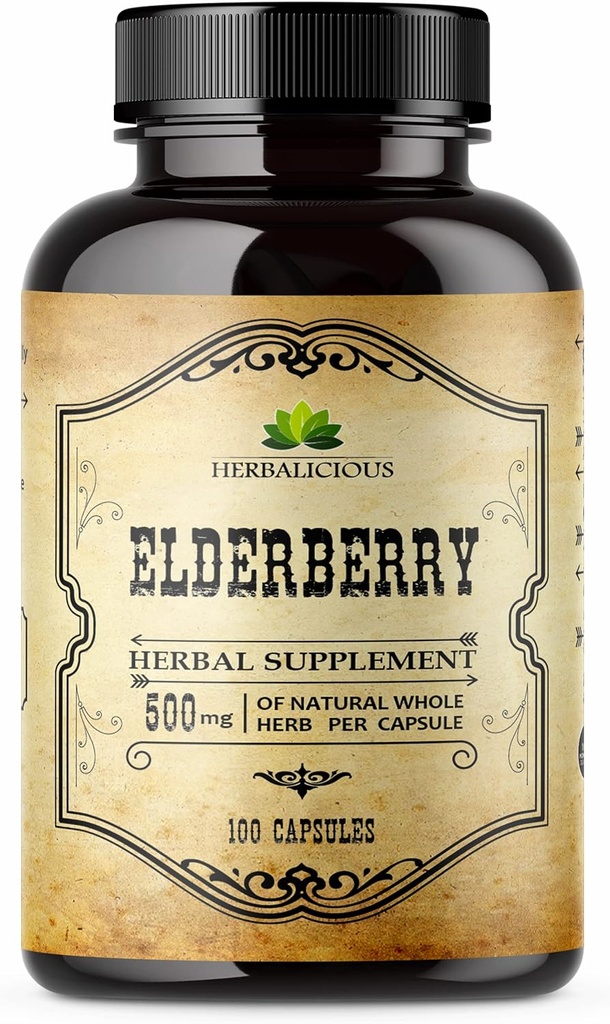 Elderberry Capsules - Natural Black Elderberry Herbal Supplement - Ammune Boosters for Dewasa, Digetisants & Vitamin C - Fiber-Rich, Non-GMO - 100 Kapsul untuk Pria & Perempuan