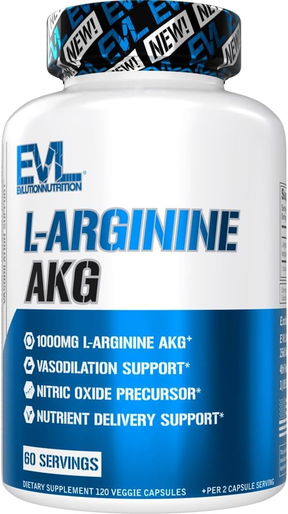 Evolution L-Arginine AKG - Vasodilation & Nutrient Delivery - Nitric Oxide Plecursor - 100mg L- Arginine AKG - Gluten Free & Non-GMO - Dietary Supplemen - 60 Servings - 120 Veggie Capsules