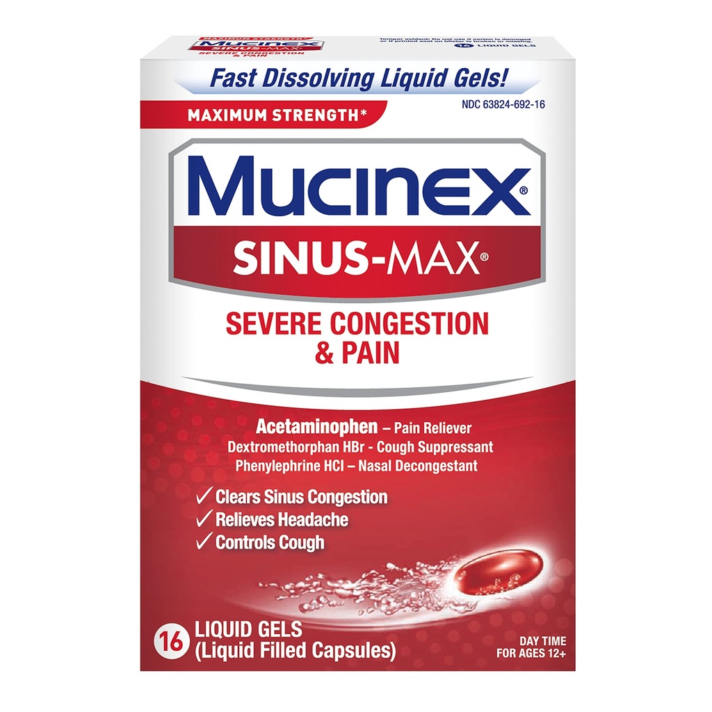 Mucinex Sinus- Max Kekuatan Konsumsi Berat & Nyeri Liquid Gels, 16ct