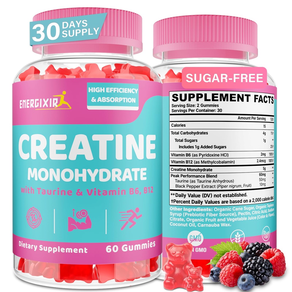 Creatine Monohydrate Gummies - No Bloating - Pre and Post Workout Chewables Suplemen Taurine & B6 - for Recovery, Energy & Booty, Performance, 60 Counts