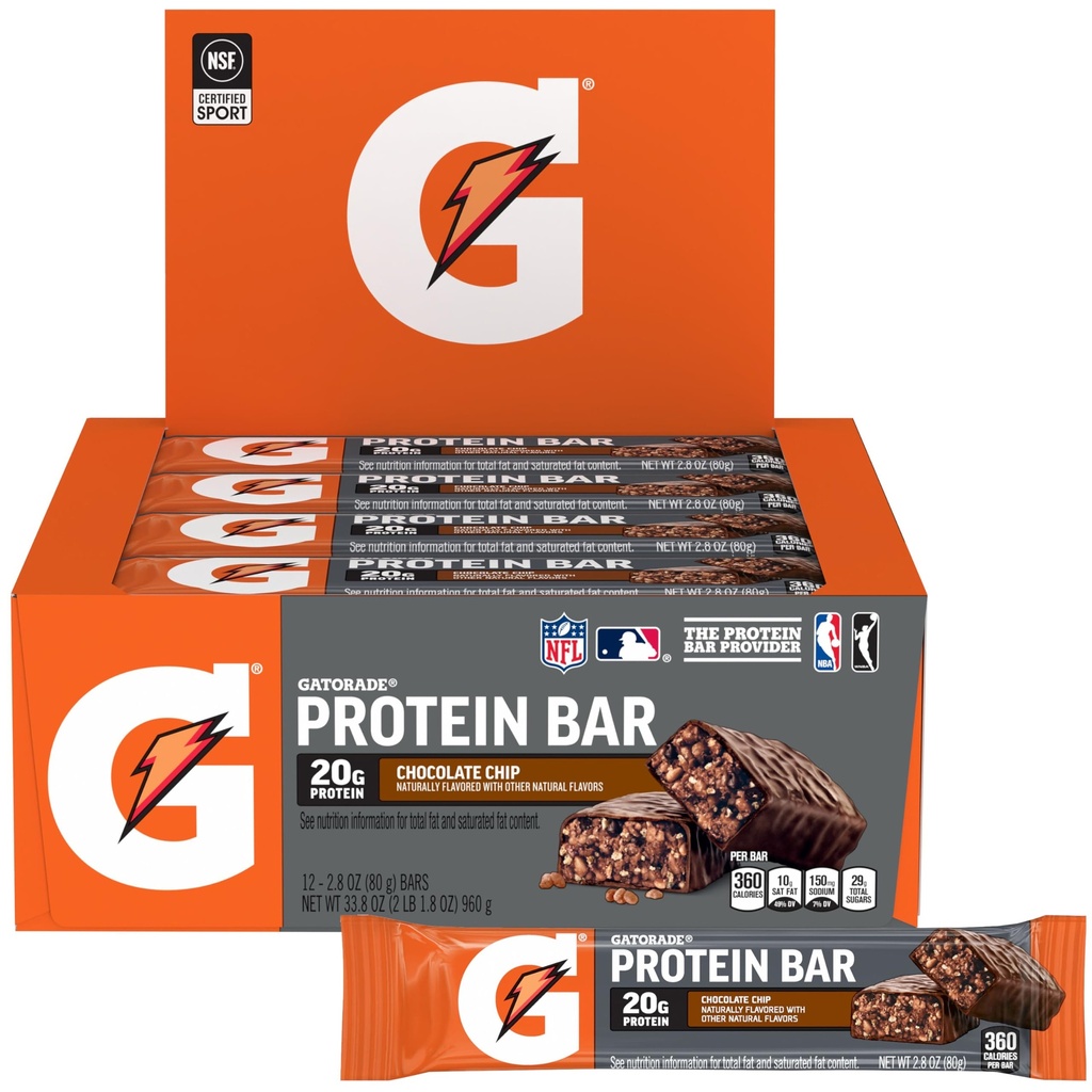 Gatorade Whey Protein Recover Bars, Chocolate Chip, 2,8 ons (Paket 12)