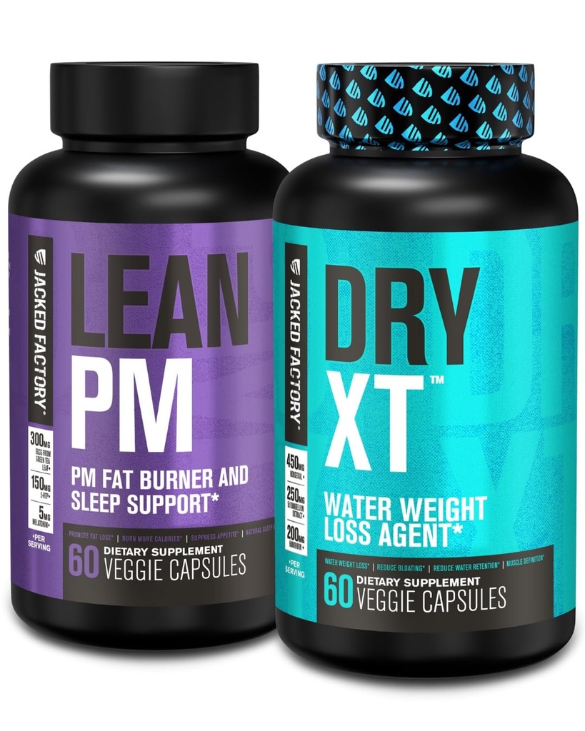 Jacked Factory PM Night Time Burner, Sleep Aid Suplement, & Appetite Supresant (60 Capsules) & Dry-XT Air Weight Woss Diurectic Pills (60 Capsules)