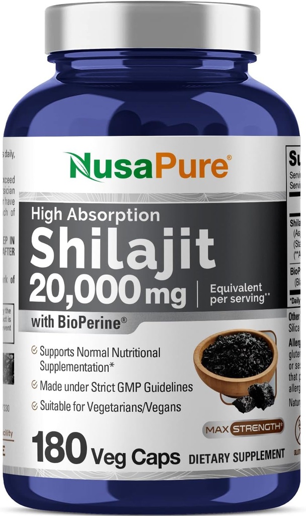 NusaPure Shilajit 20.000mg per Serving, 180 Veggie Caps, Non- Gluten Free, Bioperine