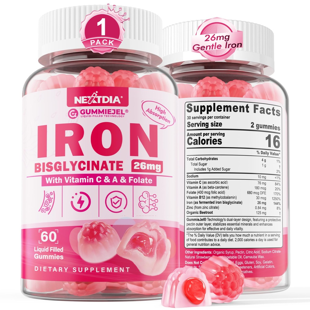 Gummies Besi untuk Perempuan & Pria - Besi Bisglycinate dengan Vitamin C Founding B12 Zinc untuk Dewasa, Besi Lembut Chewable untuk Defisiensi Besi, Boost Energi, Tidak Konstipating & Setelah Rasa, Sugar- Free 1 Pack