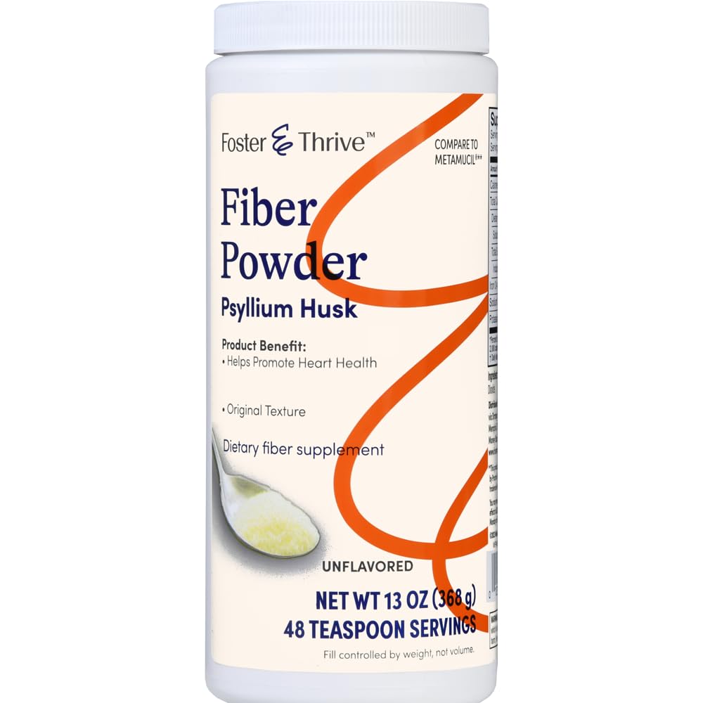 Foster & Thrive Daily Psyllium Husk Powder Suplement, 4-in- 1 Fiber for Digetical Health Laxative, Relieves Occational Constipation, Sweetened w / Real Sugar, Original Flavor, 48 Doses