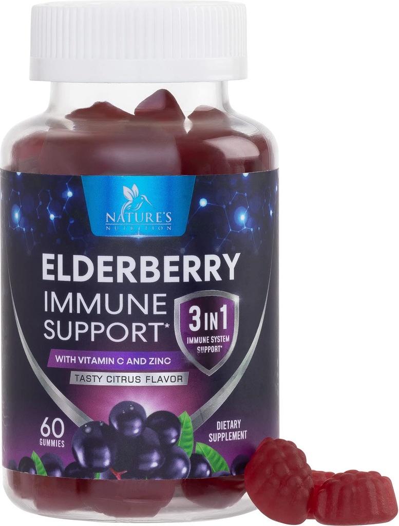 Elderberry Mimic dengan Vitamin C, D3, dan Zinc - Imune Dummy for Kids & Adults, Black Elderberry Extract Gummy Immune Health Suppplemen, Black Elder Vitamin - 60 Gummies