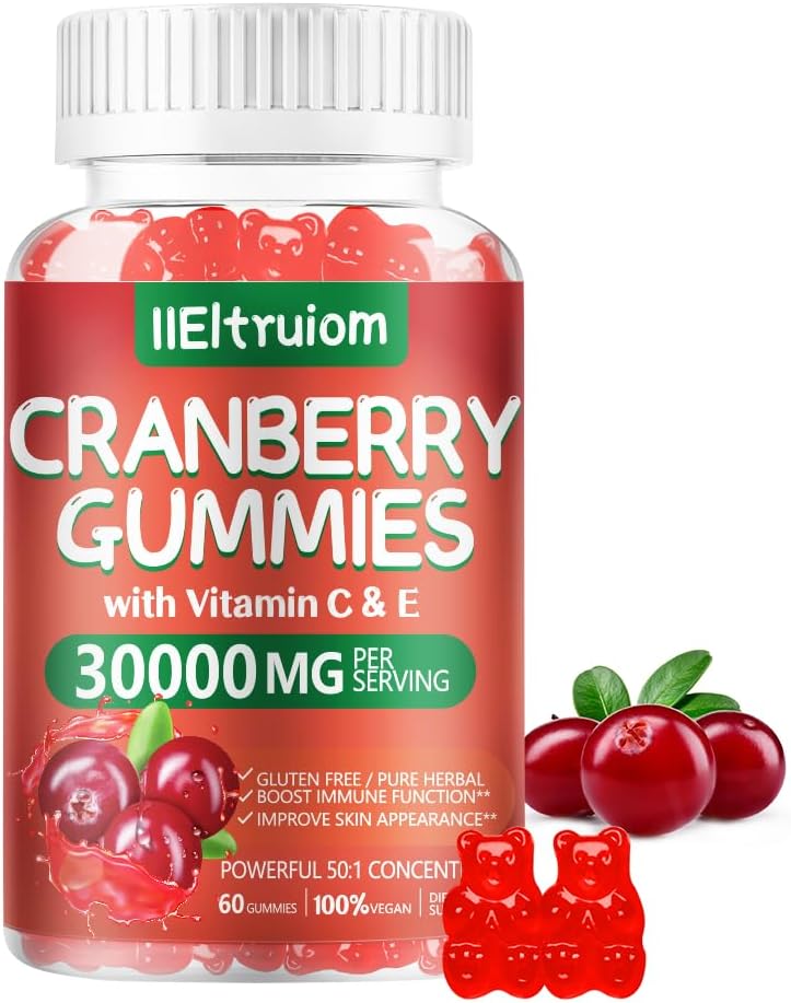 Cranberry Gummies Urinary Tract Health for Women & Men, 50X Concentract Extrac, Vitamin C & E, Cranberry Gummies for Women with Hibiscus to support Immune, 60 Counts
