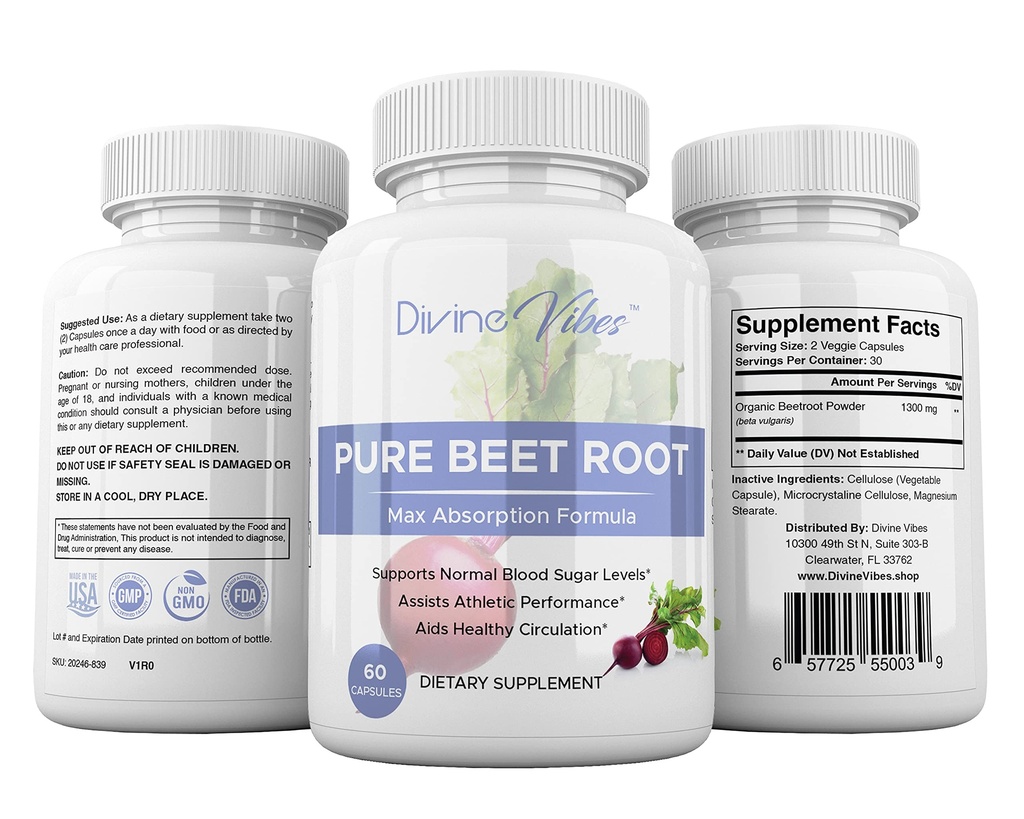 Beet Root Kapsules - 1300mg Per Serving - Beet Root Powder Capsules - Beetroot Powder Support Blood Pressure, Athletic Performance, Digetives, Immune System (Murni, Non-GMO, Gluten Free)