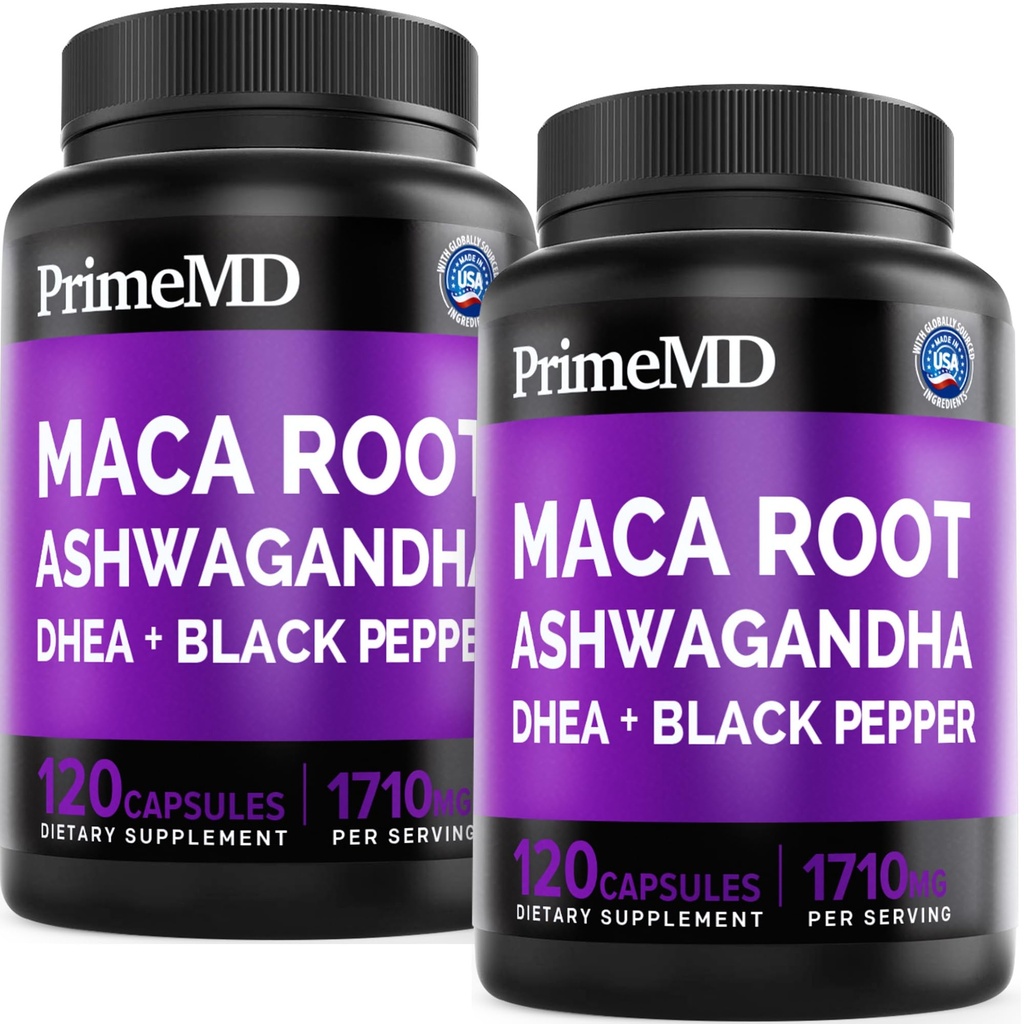 6-in- 1 Organik Maca Root Ashwagandha Capsules 1710mg dengan DHEA dan Black Pepper Ekstrak buah untuk Perempuan dan Pria - Black Maca Suplemen untuk Stamina, Bone dan Mood Supplemen, 120ct (Paket 2)
