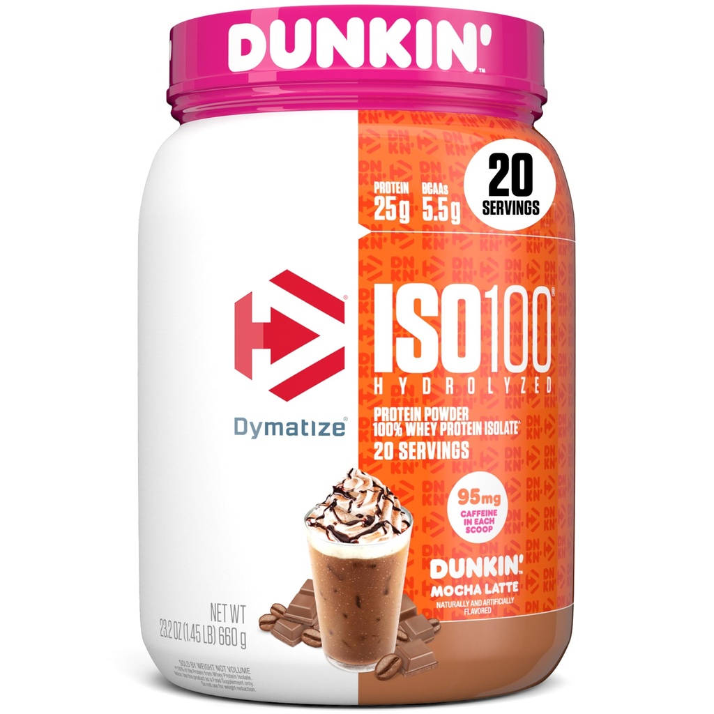 dymatize x Dunkin 'Mocha Latte ISO100 Whey Protein Powder, 95mg Caffeine, 25g Protein, 5.5g BCAAs, 120 Cal., Gluten Free, 1g Fat, 1g Sugar, 3g Carb (20 Pelayan)