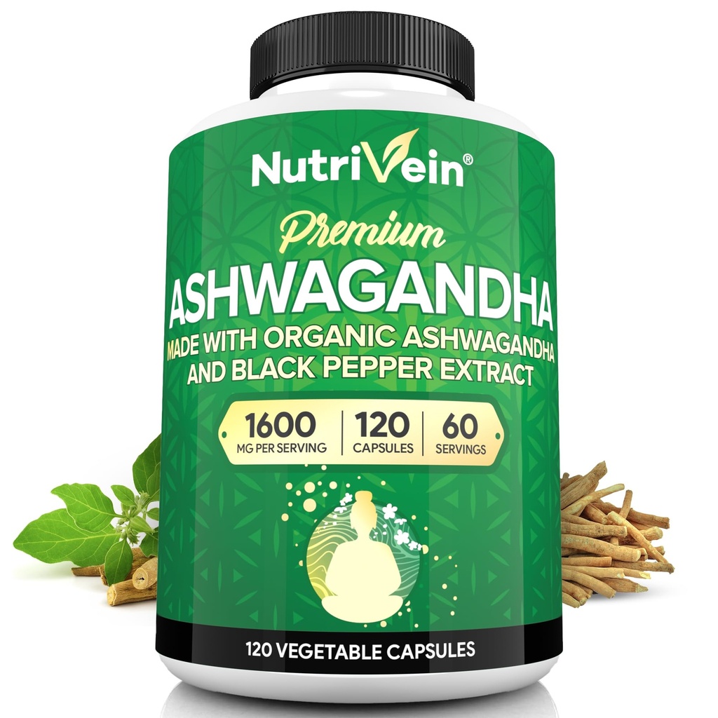 Nutrivena Ashwagandha untuk Pria & Perempuan - 1600mg - Enhanced with Black Pepper - High- Absorpsi Root Pounder Ashwagandha Suplemen untuk Keseimbangan Mood, Reserve Tidur Penuh, & Fokus - 120 Vegan Capsules