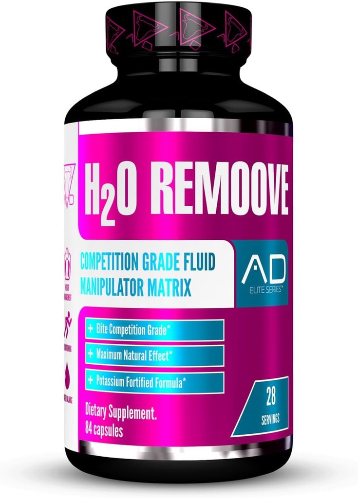 Project AD H2O Remoove Nuteric Diustice Water Management System, contains a Potassium-Sparing Formula Designed To Proheer a Drier, Leaner And More Vascular Looking Physique (28 Servings)
