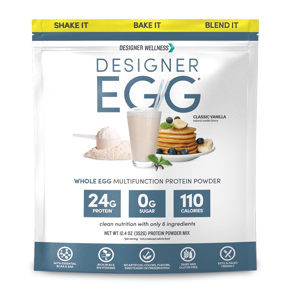 Designer Wellness, Designer Egg, Natural Egg Yolk & Egg Pawin Powder, Keto dan Paleo Friendly, Low Calorie, Kurang Lemak dan Cholesterol, Classic Vanilla, 12.4 Ounce