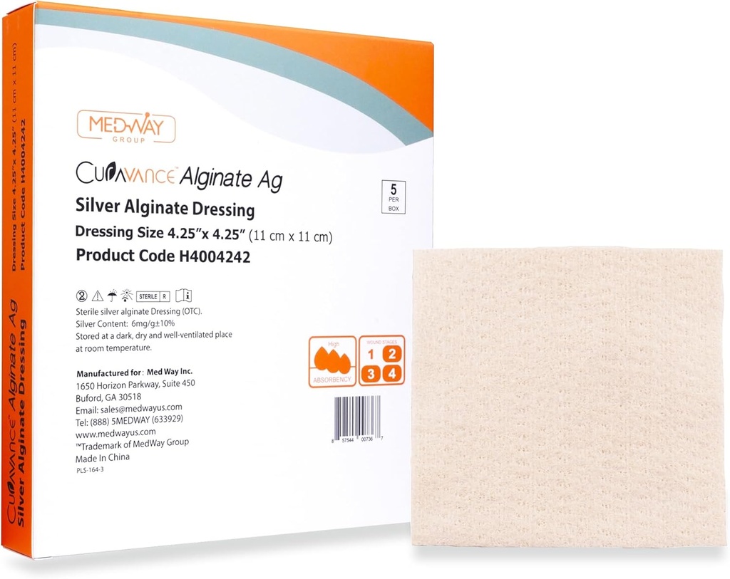 MedVance MedHeal Silver Calcium Alginate Ag Sterile Sangat Absorbent Dressing, (4.25 "x 4.25") 5 Dressings / Box, 5 Count (Paket 1)
