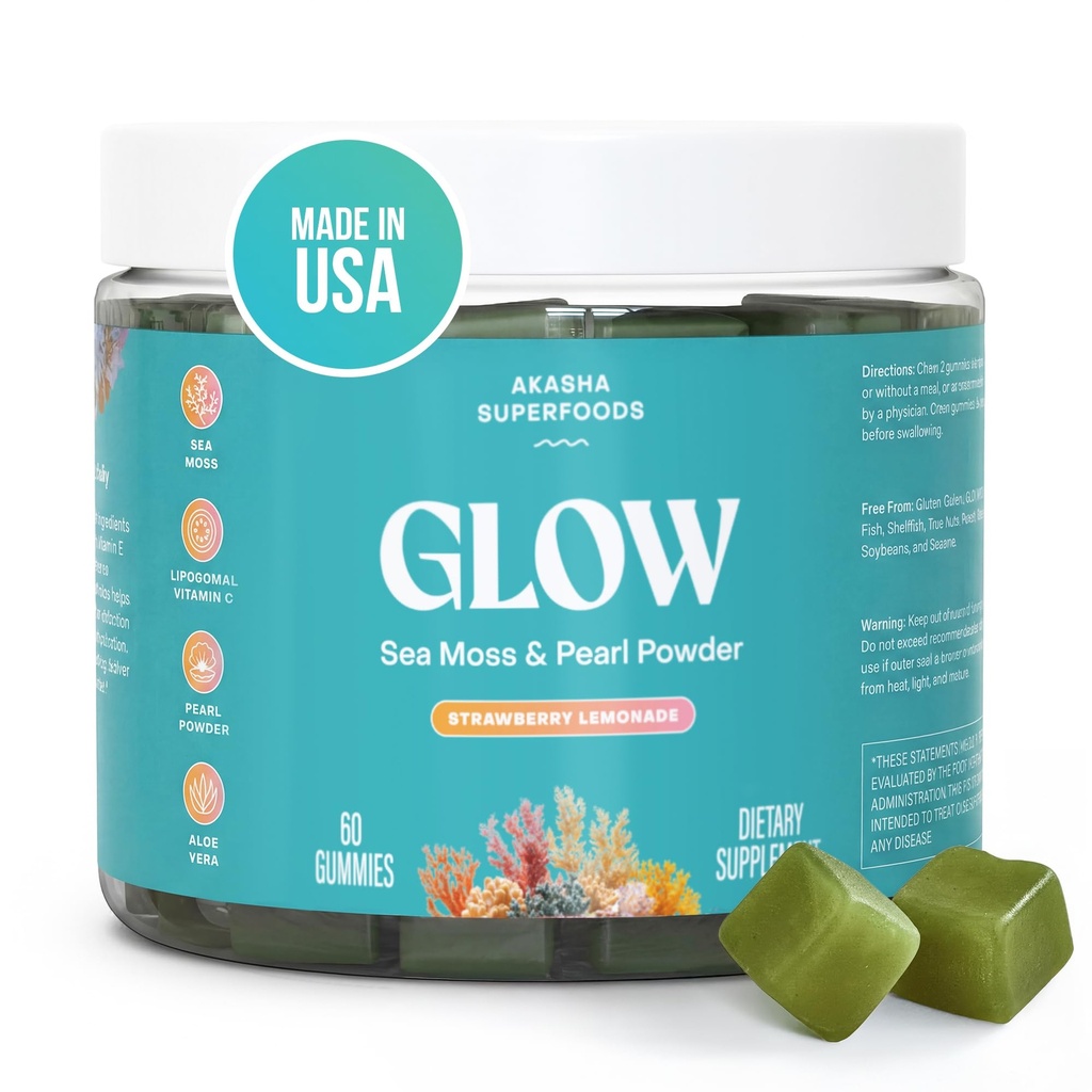 Akasha Superfood Sea Moss Glow Gummies, Hair, Skin & Nails Vitamin with Seamins, Pearl Powder, Vitamin E, Aloe Vera, Lipomal Vitamin C, dan Irlandia Laut Moss, Gumies for Women & Men, 60 Count