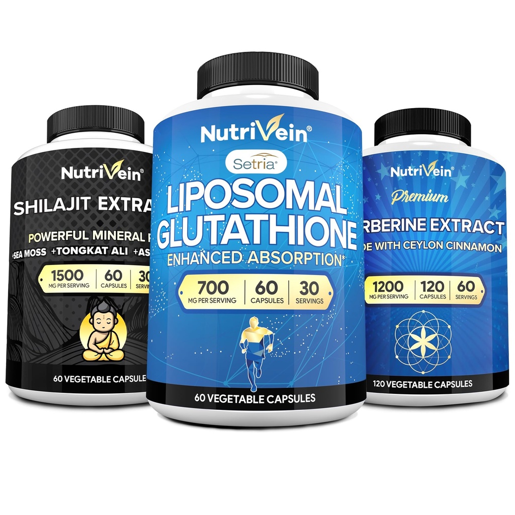 Nutrivena Premium Shilajit Capsules, Lipomal Glutathione Suplement, & Berberine Suplemen Bundle: Berberine, Glutathione, & Shilajit Capsules for Men & Women - Metabolisme, Vitalitas, & Saldo