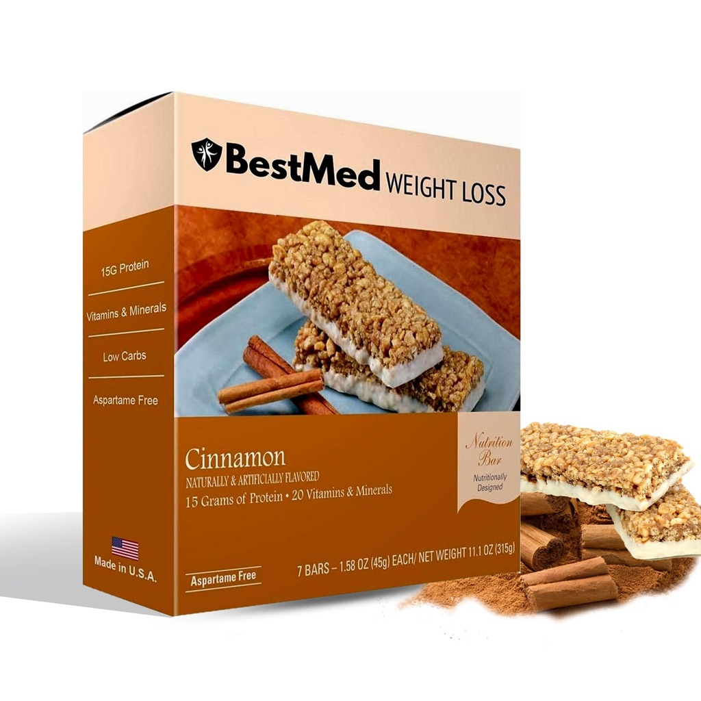 BestMed - Bar Nutrection Protein Tinggi - Lower-Carb, 15g Protein, Low Sugar, Low Calorie, Meal Replacement Bar (Cinnamon, 1 Box - 7 Count)