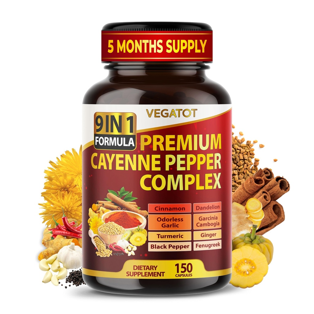 Organik Cayenne Pepper 9IN1 Kompleks with Cinnamon, Ginger, Turmeric for Overall Health, Immune System, Ditraffic Wellness (150 Count (Pack of 1))