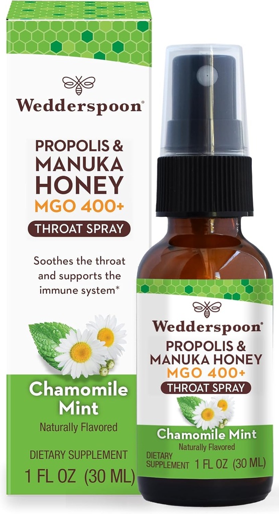 Wedderspoon Propolis dan Manuka Honey Throat Spray, Chamomile & Mint, 1 Fl Oz (Pack of 1), Sore Throat Relief, Natural Immune Support