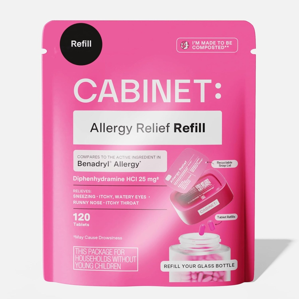 Diphenhydramine 25mg Relief Antihistamine Tablet untuk Allergies, Hay Fever, dan Runny Nose, 120 Tablets (Refill Pouch)