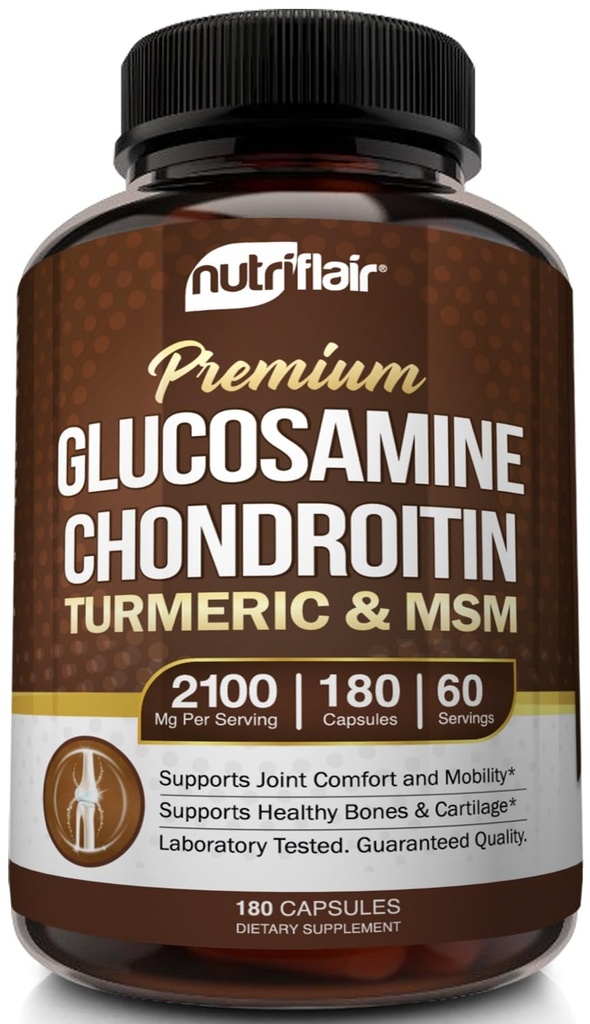 NutriFlair Glucosamin Chondroitin Turmeric MSM Boswellia, 180 Kapsul - Comfort Suplemen Gabungan - Natural & Non-GMO - Antioksidant Pill - Supports Back, Luck, Hands, Joints, Cartilage