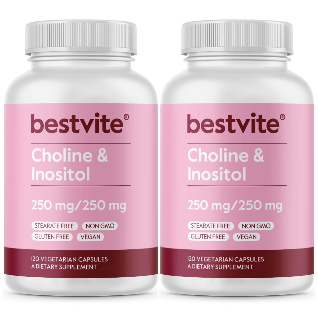BestVITE Choline Inositol 500mg (240 Vegetarian Capsules) (120 x 2) - Tidak ada Stearat - No Dikalsium Fosfat - Tidak Ada Pemalangan - Vegan - Non GMO - Gluten Bebas