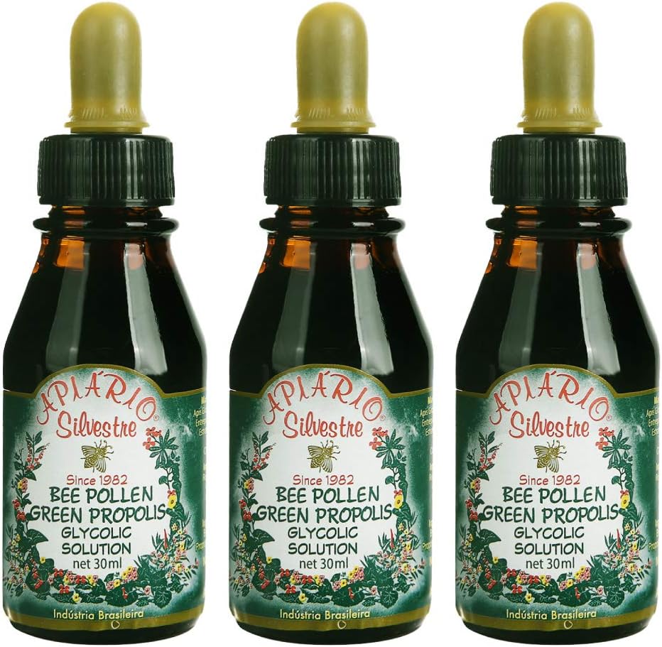3 Botol Apiario Silvestre Bee Pollen & Brazil Green Bee Propolis Liquid - Glycolic Extracts - Non Alcoholic, Wax Free, Sugar Free