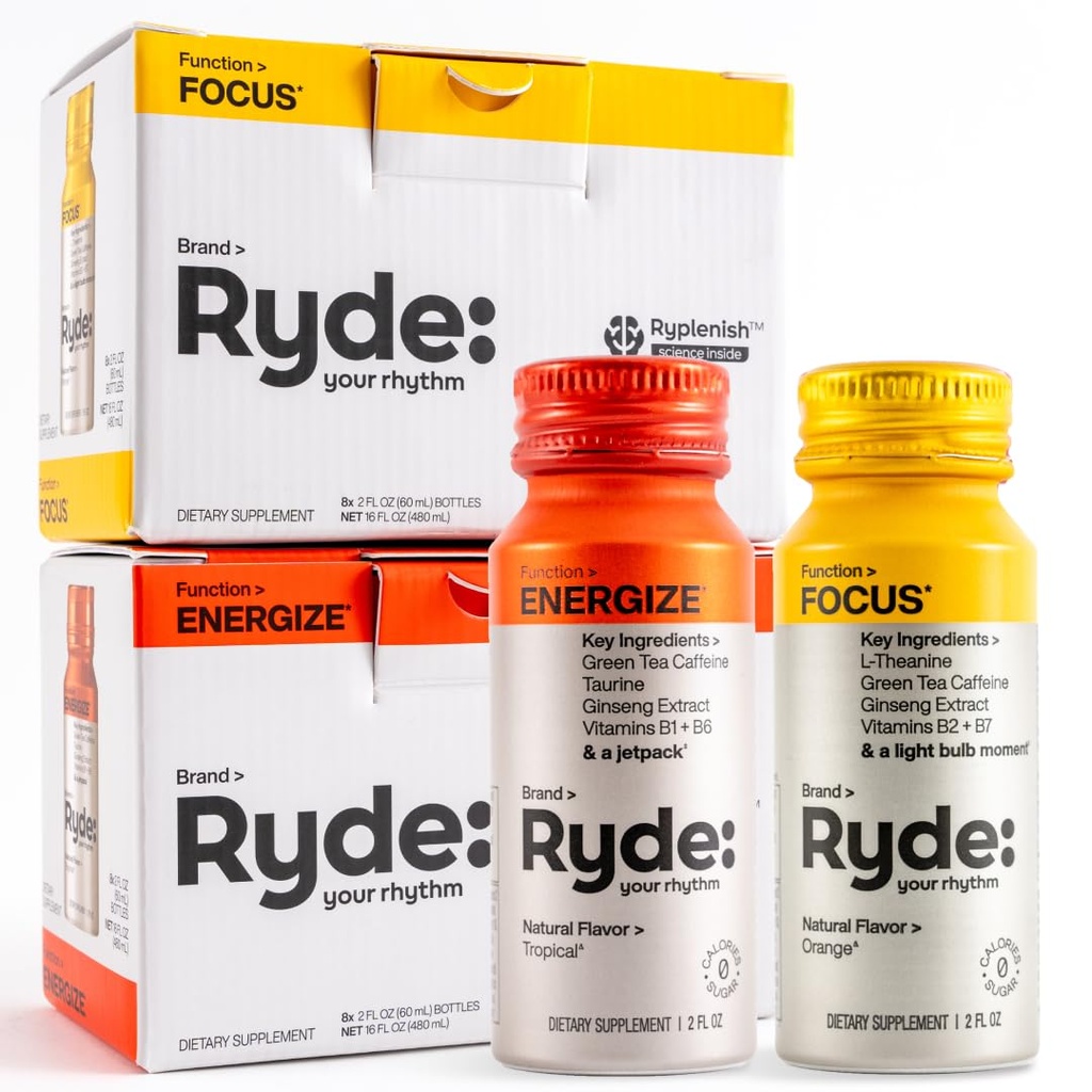 RYDE Shots 124; Energize + Focus 124; Essible B Vitamin dan Caffeine 124; Zero Calories, Zero Sugar 124; Pack of 16
