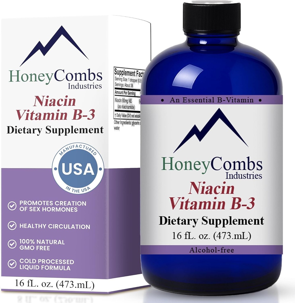 HoneyCombs Vitamin B3 Niasin Support Drops - High Potency B3 Liquid Drops for Men & Women - Keep Digetical System, Skin, Tongue, Energy and More - Vegan Niacinn Drop (16 Fl oz)