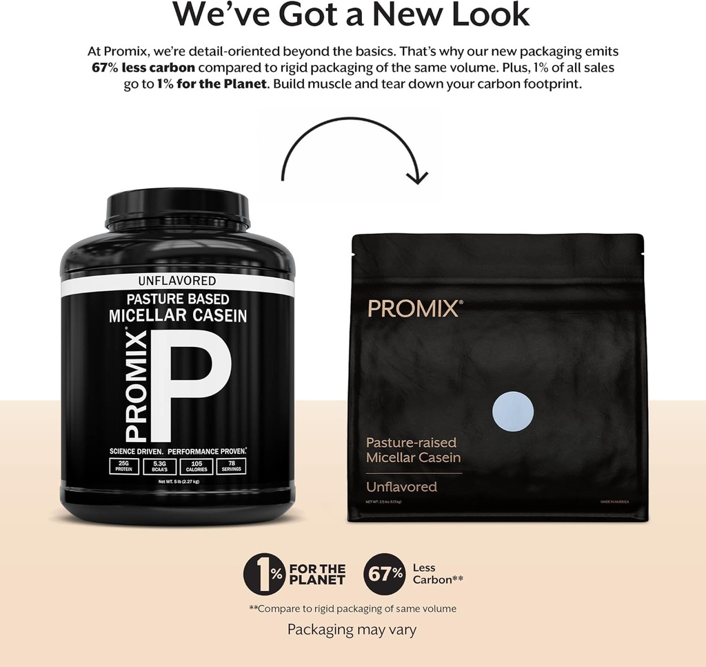 Promix Nutrition Casein Protein Powder - Grasin, Pazial Raised, Slow Rilis 25g Mivault Casein - 5.4g BCAAs Gluten Free, Sugar Free, Soy Free - Unflamited, 5lb