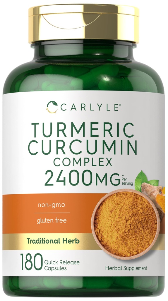 Carlyle Turmeric Curcumin Supplement 2400mg 124; 180 Powder Capsules 12.4; Herbal Complex 124; Non- GMO, Gluten Free Formula