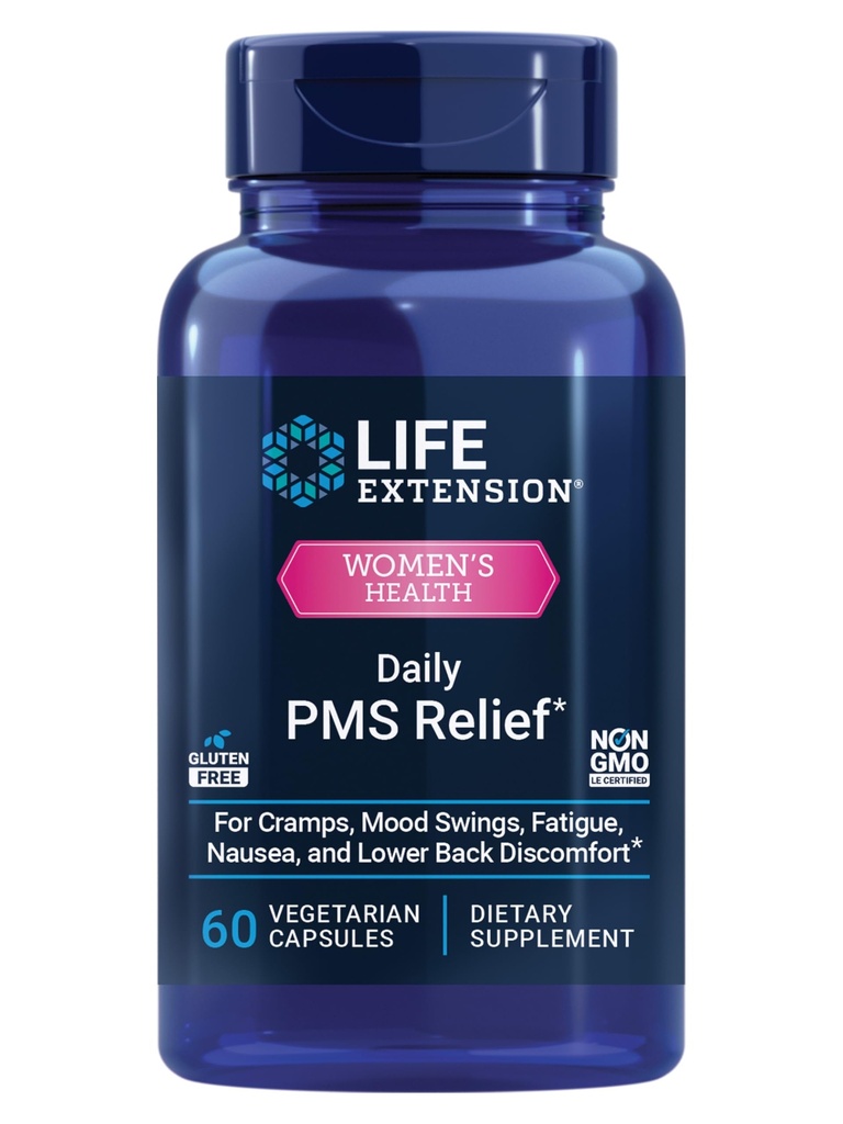 Relief "Life Extension Daily PMS, Menstrual Comfort Suplement, PMS-Related Cramps, Lower Back ketidaknyamanan, Mood, Ginger, Magnesium, B6, Gluten- Free, Non-GMO, 60 Capsules