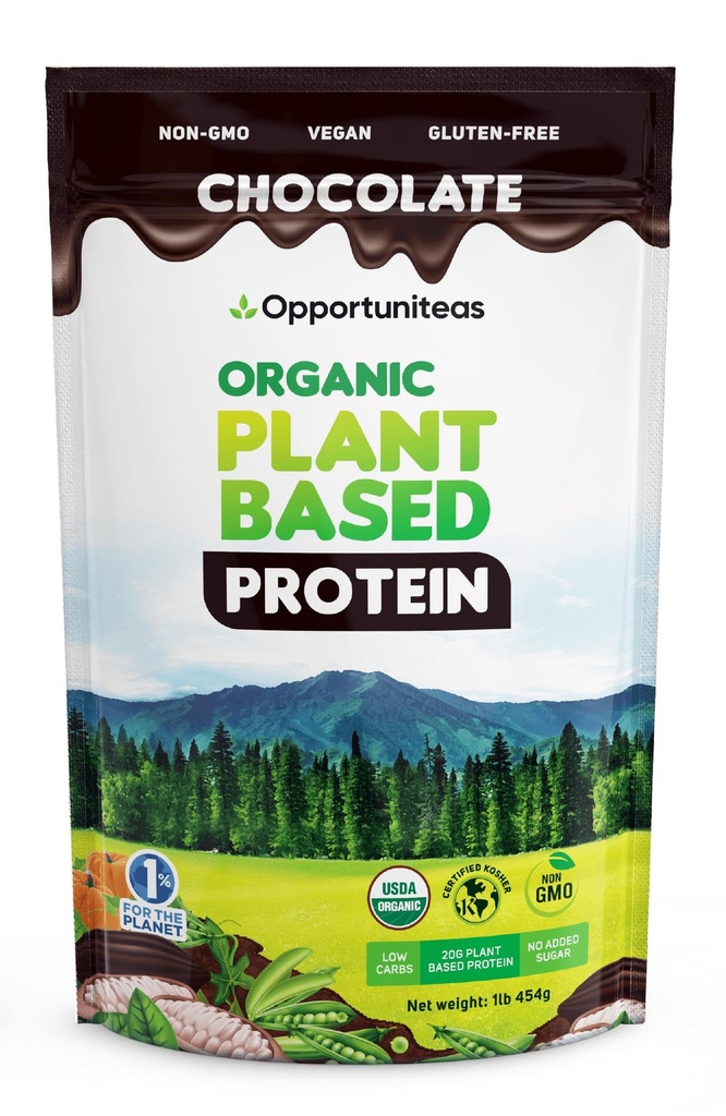 Opportuniteas Organic Plant Based Protein Powder, 20g Vegan Protein dari Pea, Pumpkin, and Rice, No Sugar, Non-GMO, Gluten- Free, Creamy Chocolate, 1 lb