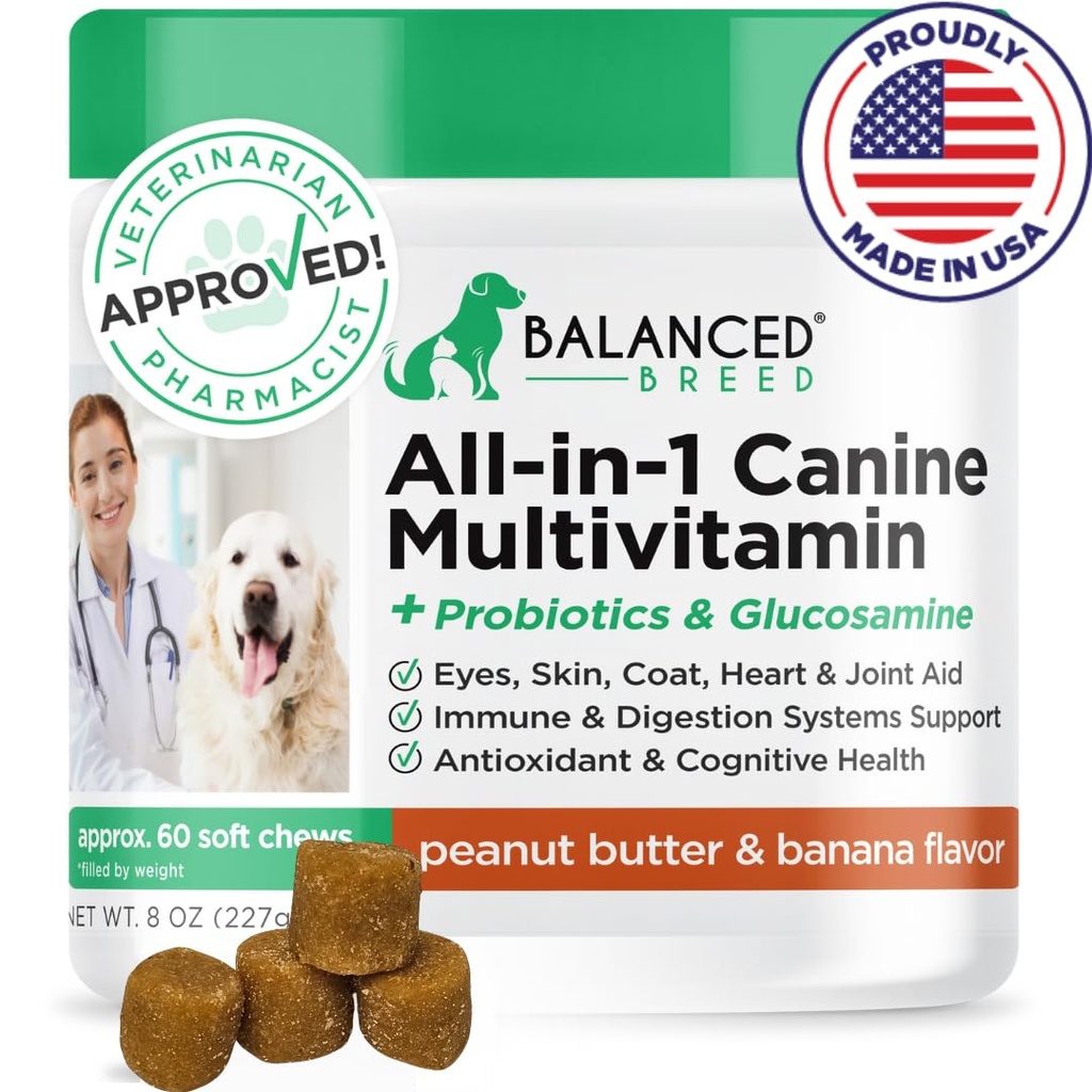 Ballanced Breed All-in- 1 Dog Vitamin Suplemen Terbuat di Amerika Serikat Vet- Ambritist Disetujui Dog Multivitamin Progotosin Chondroitin Dogs Salmon Oil Skin Coat Immune Young Dogs Supplemen NING