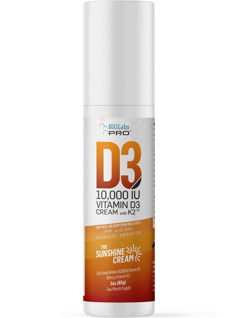 BIOLABS PRO All Natural Vitamin D3 1000IU Vitamin D Cream - Maximum Power - Fight Vitamin D Deficiency - with Vitamin K2 & Olive Leaf - Safe & Efektif (10,000IU - 3.0Oz)