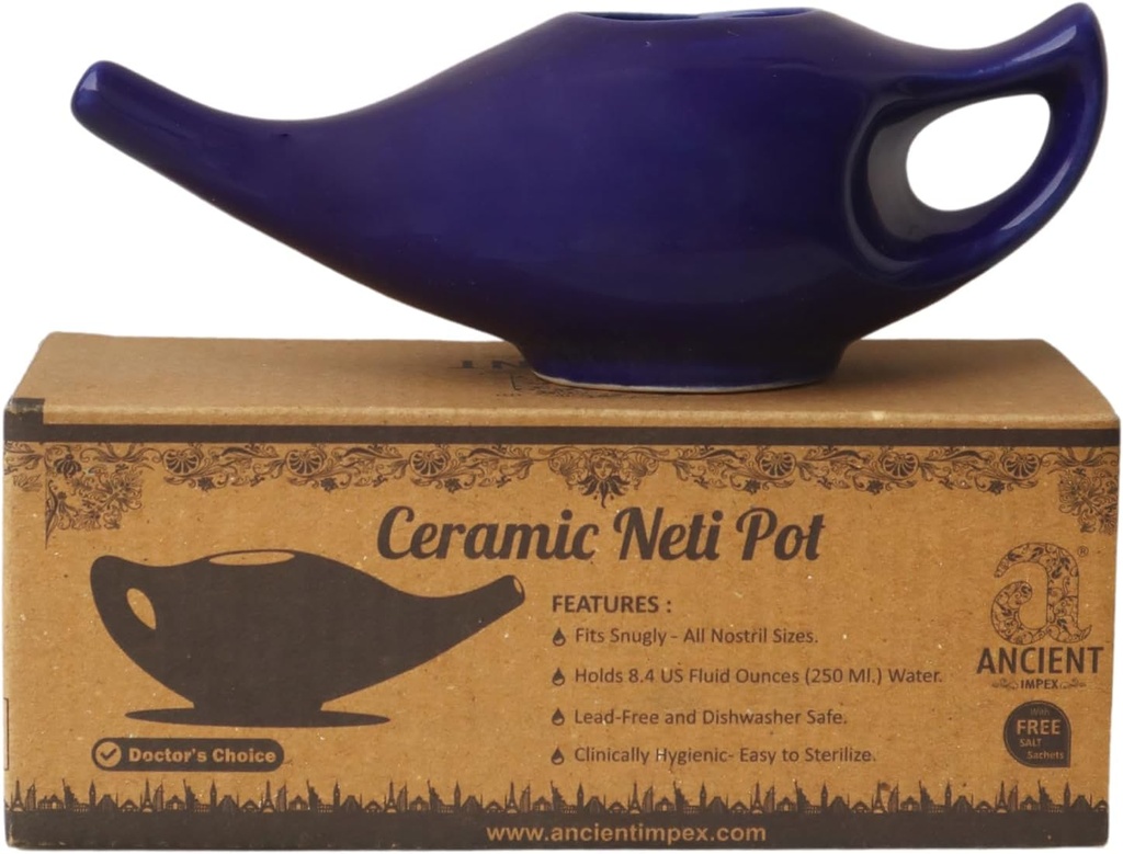 NENCIENT IMPEX Ceramic Neti Pot 250 Ml (Violet) with 5 Sachets Neti Salt 124; Natural Remedy for Nasal Wash, Sinus Relief & Nasal Hygiene 124; Ayurveda Nasal Irrigation Pot