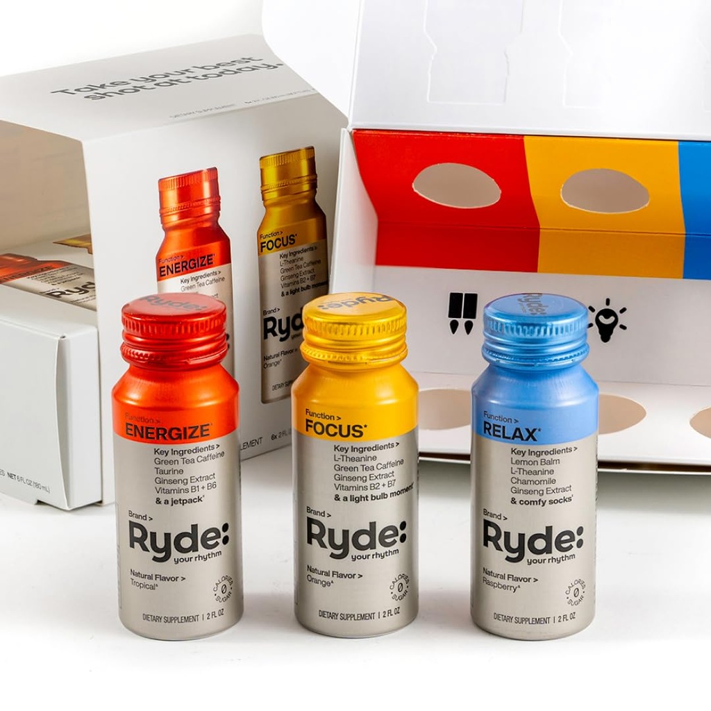RYDE: Discovery Pack 128; Energize, Focus & Relax Shots 124; Green Tea Caffeine, Taurine, Ginseng, B Vitamin, Theanine, Lemon Balm, Chamomile 124; 0 Calories, 0 Sugar 144; Variety Pack - Try Them All (6 Pack)