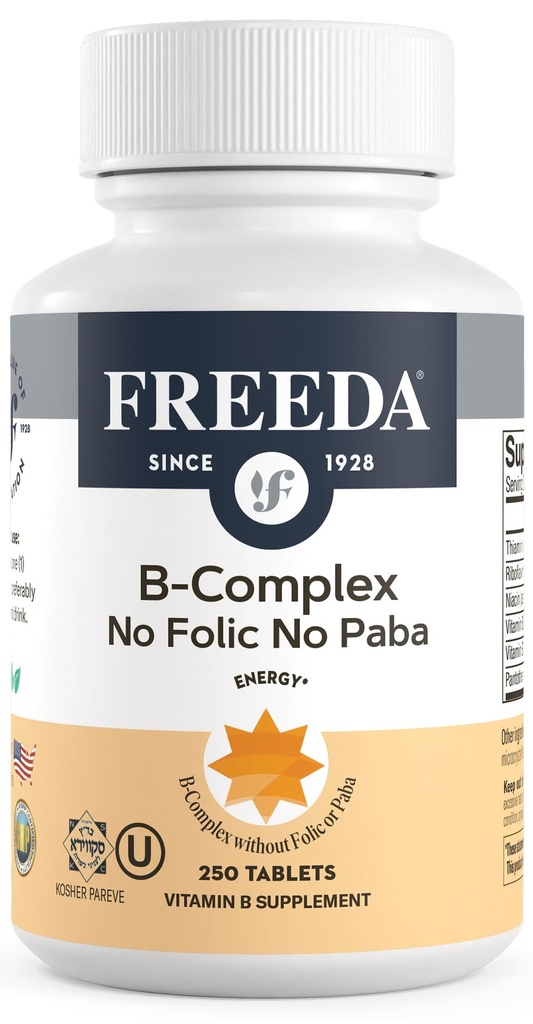 Freeda Vitamin B Complex No Folic No PABA - Super B Complex Kosher Vitamin Suplemen dengan Vitamin B1 B2 Vitamin B3 Vitamin B5 Vitamin B6 B12 - Vit B Complex B untuk Perempuan & Men (250 Ct)