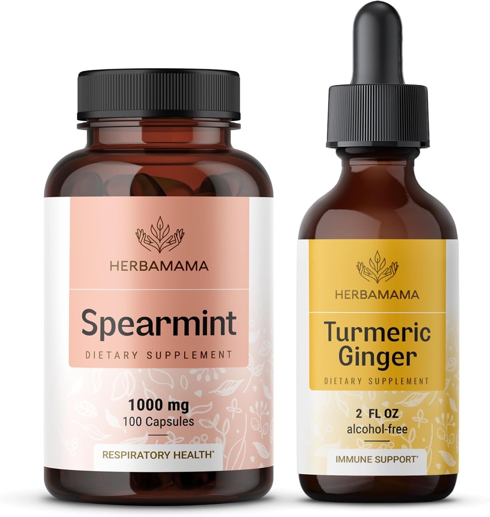 HERBAMAMA Spearmint and Turmeric Ginger Kit - Bundle of 1000 mg Spearmint Capsules & Turmeric Ginger Tincture 2 - Vegan, Non- GMO, Sugar & Alcohol- Free 2 Pack