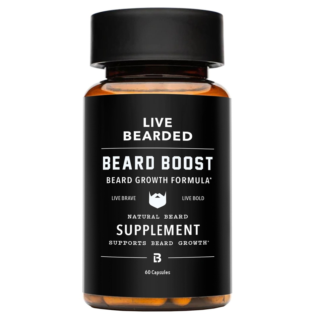 Live Bearded Beard Boost - Beard Growth Vitamin for Men with Biotin, Collagen, Silica, Fo- Ti Root - Facal Growth for Men, Made in The USA 124; 30- Day Suppply