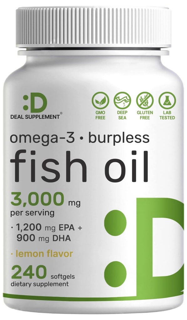 DEAL SUPLEMENT Omega 3 Fish Oil Suplemen, 3.000mg Per Serving, 240 Softgels - EPA 1.200mg + DHA 900mg - Pil Burpless, Lemon Flavored, Wild Caught & Heart Support - Mercury Free, Non-GMO