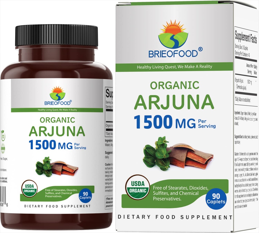 Brieofood Organic Arjuna 1500mg, 45 hamba, Vegetarian, Gluten Free, 90 tablet Vegetarian