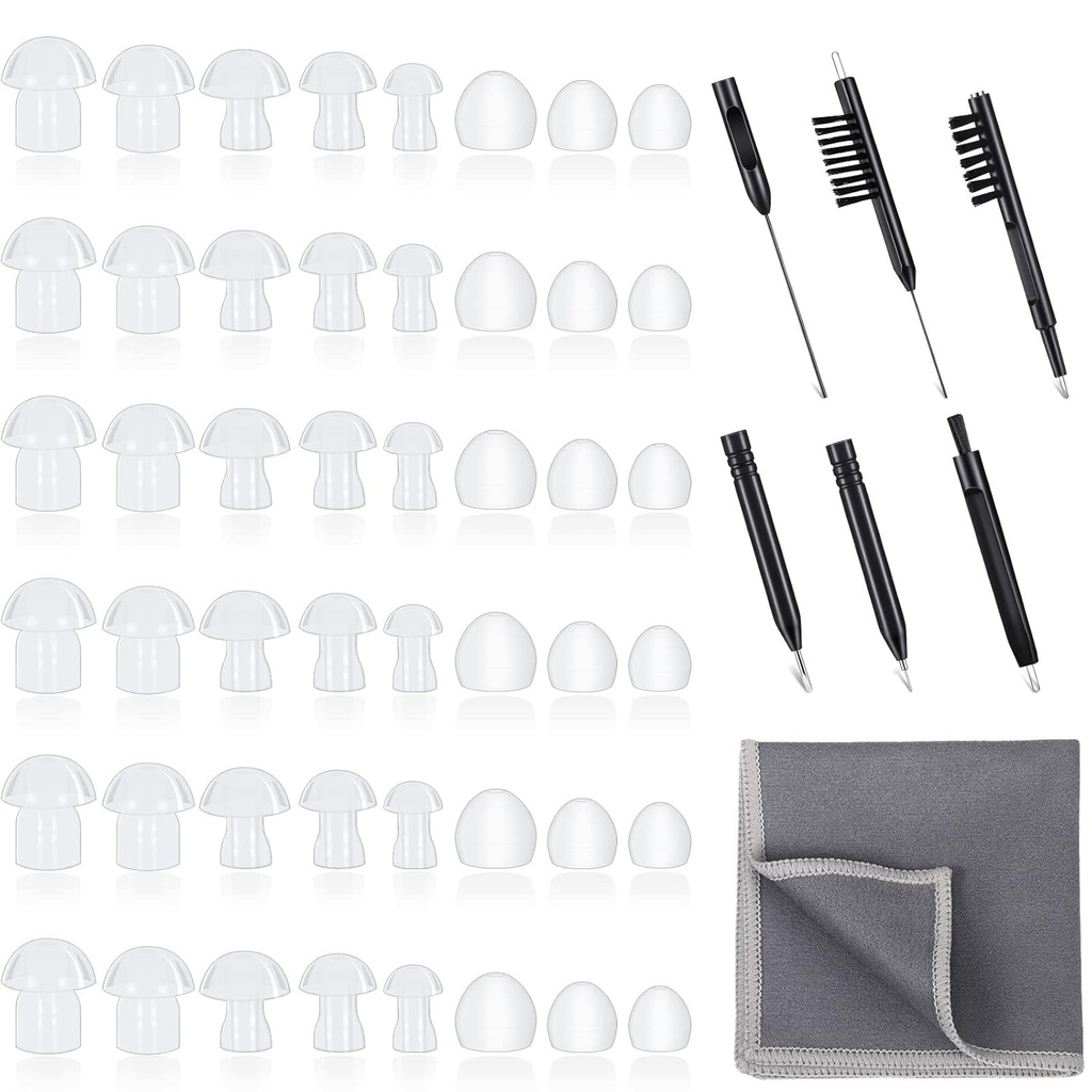 48 Pieces Hearing Aid Tips Hearing Aid Domes Universal Domes for Earbud Tip Replacement, BTE Sound Amplifier Accesories dan 7 Pieces Cleaning Tools dengan Velvet Bag