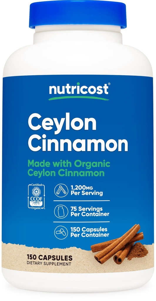 Cinnamon Organik Nutricost (Ceylon Cinnamon) 1.200mg Serving, 150 Kapsul - Gluten Bebas, Non-GMO
