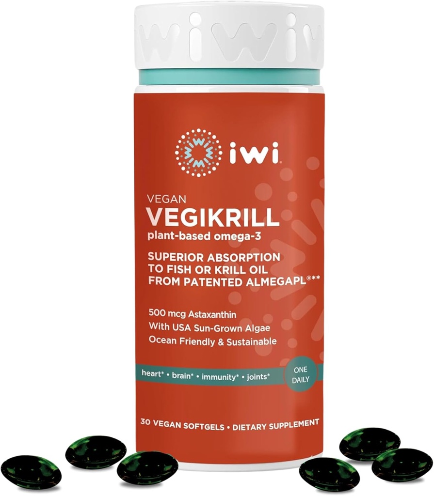 iwi Life Vegikrill Omega-3, 30 Softgels (30 Pelayan), Vegan, Plant-Based Algae Omega-3 dengan Astaxanthin, Whole-Body Support Dietary Suplemen, Krill & Fish Oil Alternatif, No Fishy Aftertaste