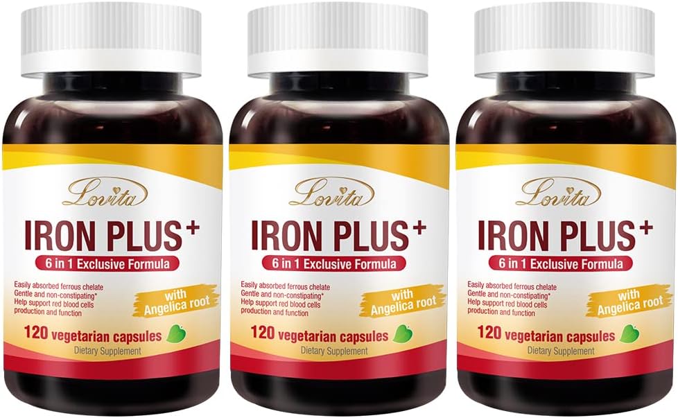 Lovita Iron 18 mg, 6 dari 1 Tambahan Besi bagi Perempuan, dengan Vitamin C, Dong Quai & B12, Vegan Vitamin untuk mendukung Produksi Sel Darah Merah Tanpa Konstipasi, 120 Kapsul (Paket 3)