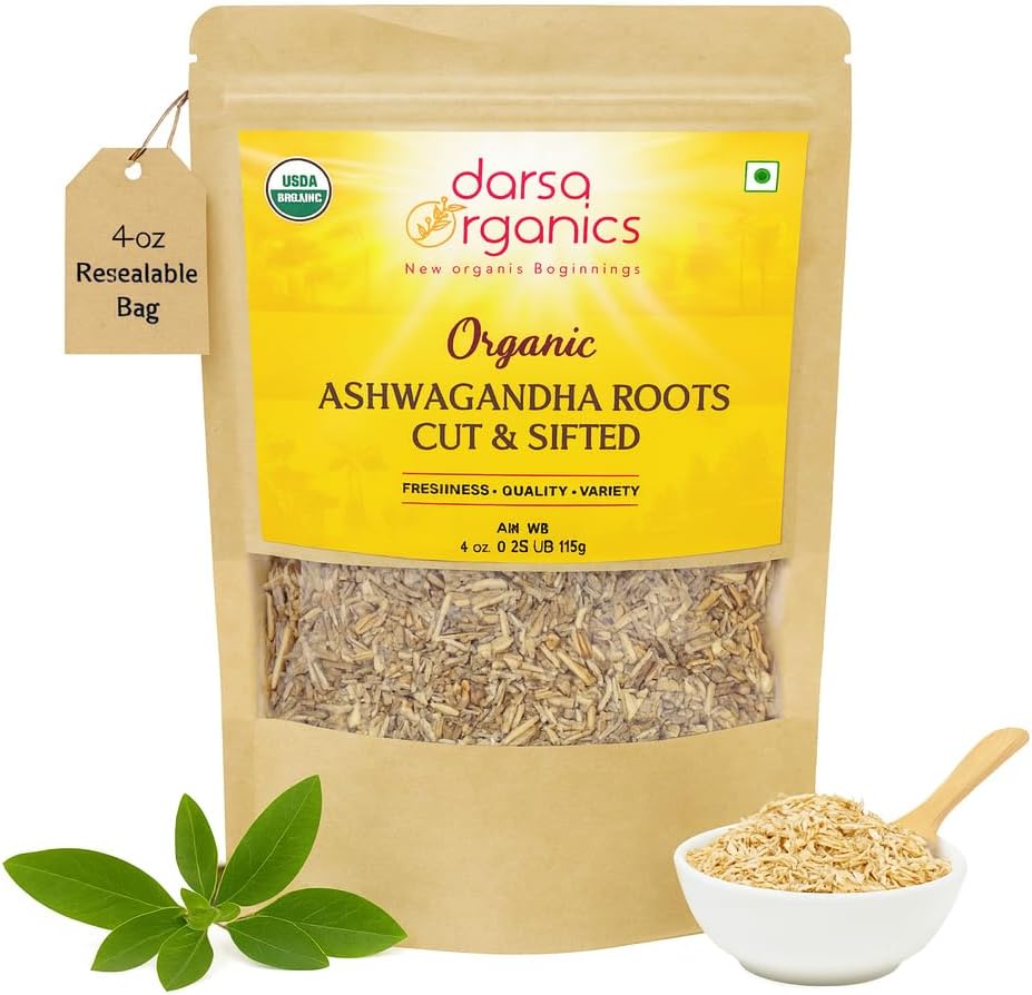 Ashwagandha Root Cut & Sifted 4 oz - USDA Organik Tersertifikasi dengan Netania Somnifera Support Relief, Energy and Sleep, Great for Teas and Smoothies, Non-GMO, Vegan, Kosher